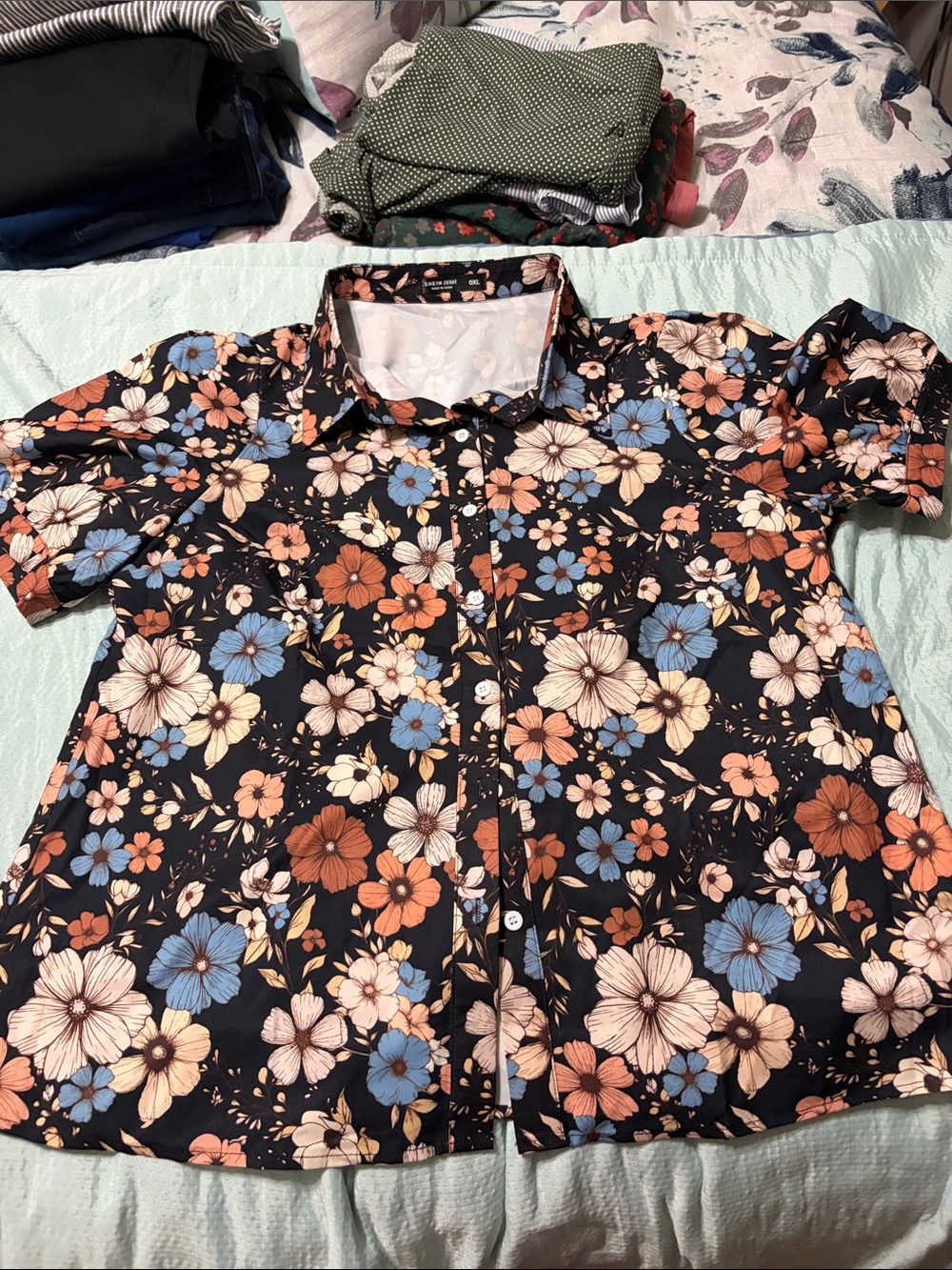 SHEIN Black Floral Button-Down Shirt with Blue and Peach Flowers